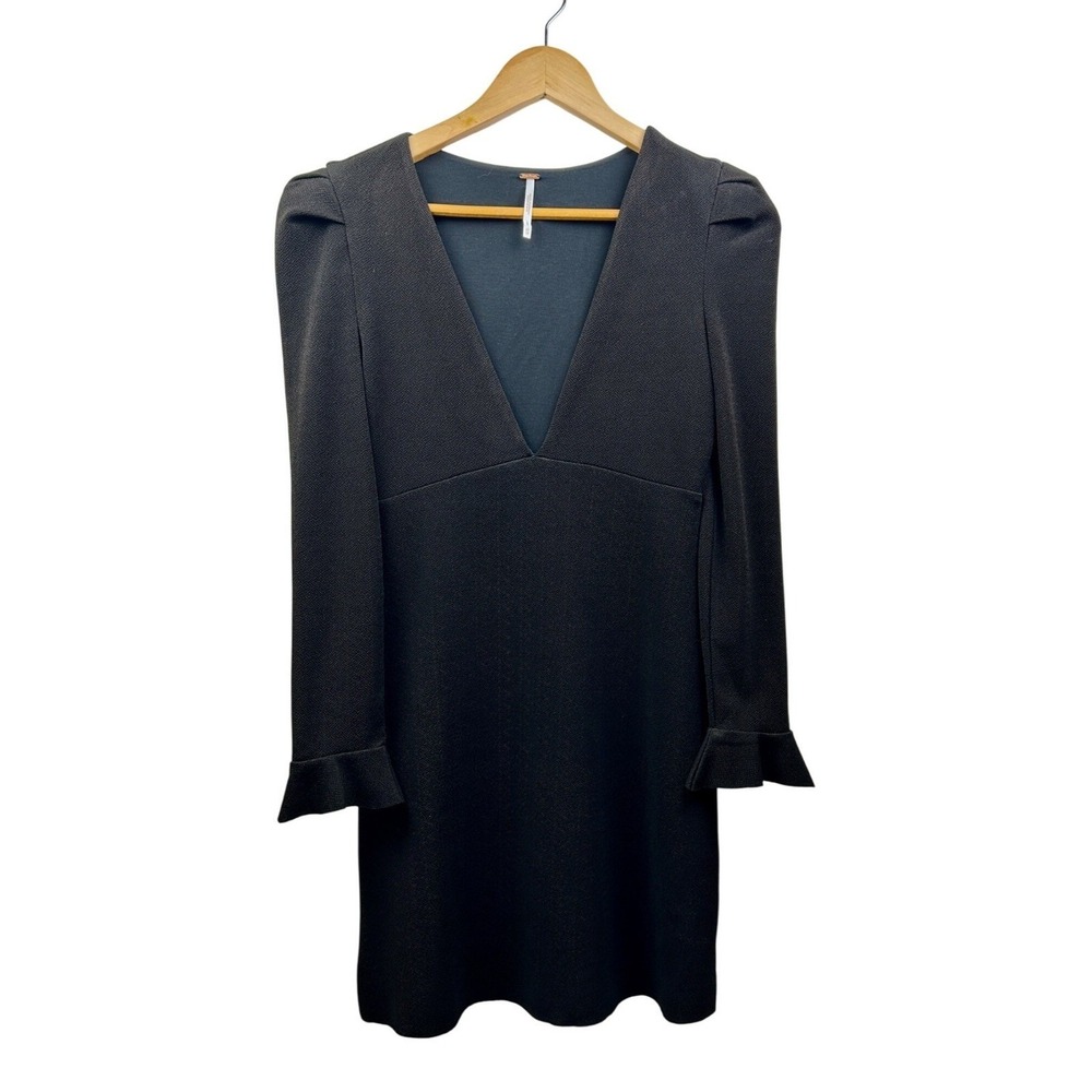 Free People Dress Womens XS‎ Black Textured Deep V-Neck Mini Dress Flared Cuff